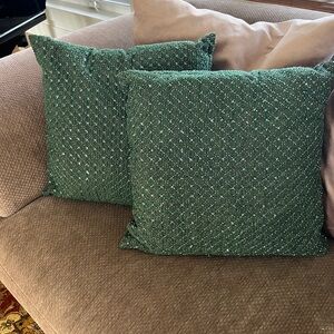 Pottery Barn Beaded Green Decorative Throw Pillows - Set of 2. Size 18 x 18 inch